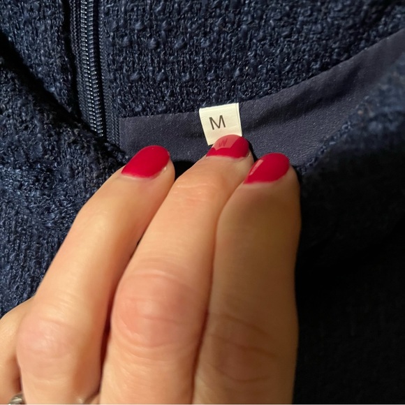 Navy Blue Tweed Jackie Dress Short Sleeve Gold Button Knee Length Braided Trim M - Picture 7 of 10